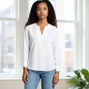 Lands' End Womens Top Sz XL White Long Sleeve Tunic Top Notch Neckline‎ Stretch